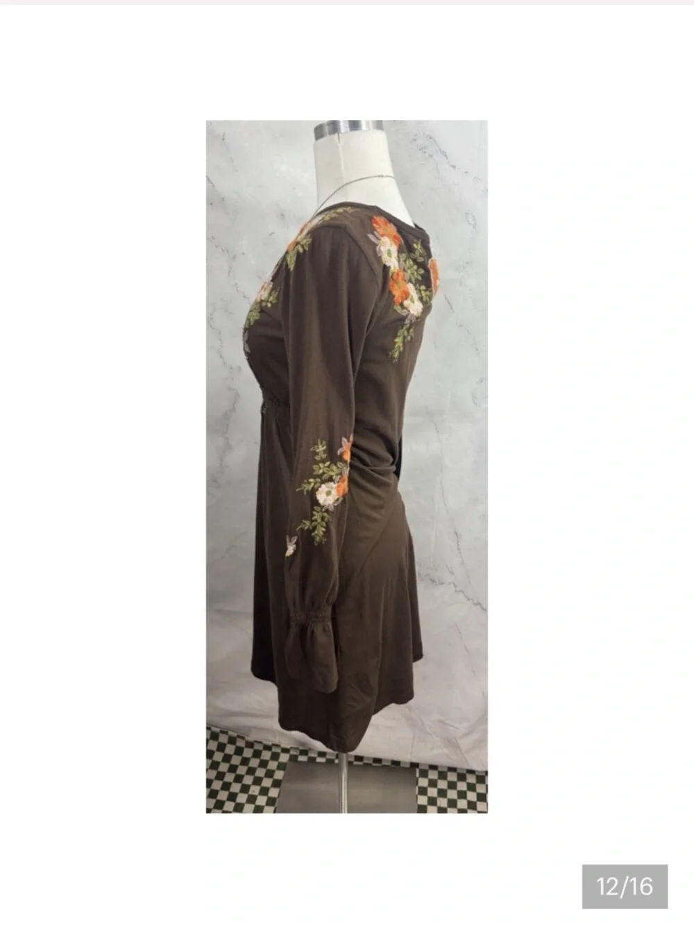 Johnny Was Brown Floral & Heart Embroidered V-Neck Long-Sleeve Dress - Picture 10 of 14